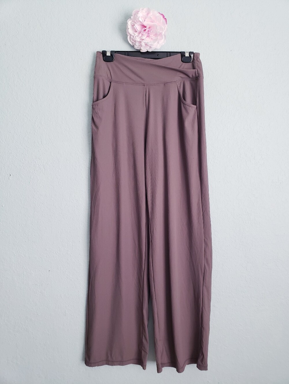 G4free Taupe Ribbed Cross High-Waist Wide Leg 31' Inseam Pants